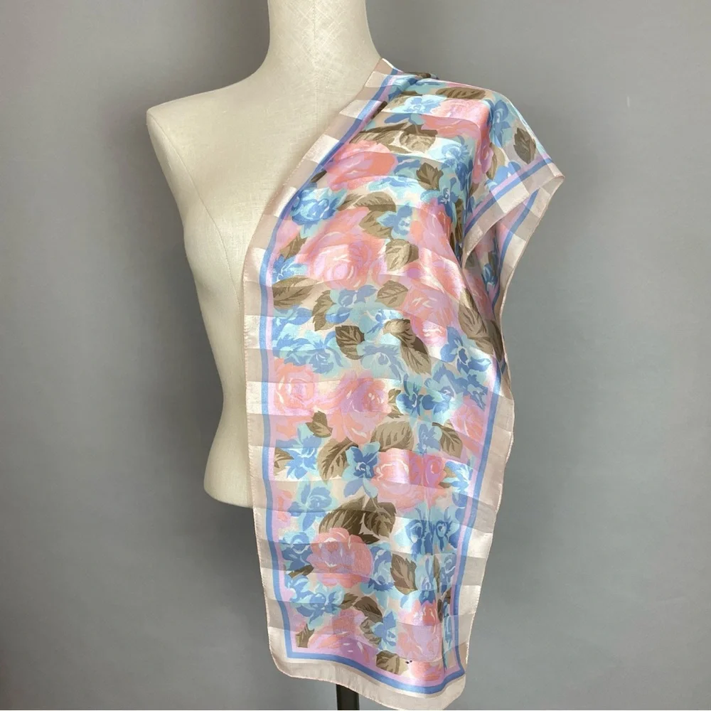 Floral Scarf Vintage Long Roses Pink Blue Sheer Sheen Stripe Elegant Retro‎